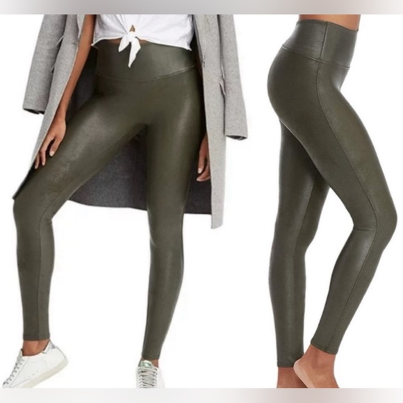 SPANX Pants - SPANX Faux Leather Shiny Shaping Leggings - dark olive green, L